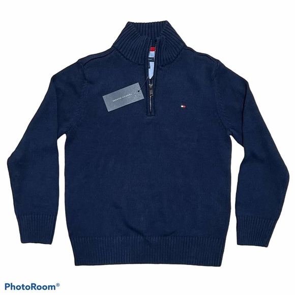 Tommy Hilfiger Sweater Boys size 7 Navy Pullover 1/4 Zip NWT Unisex Cotton - Picture 1 of 3